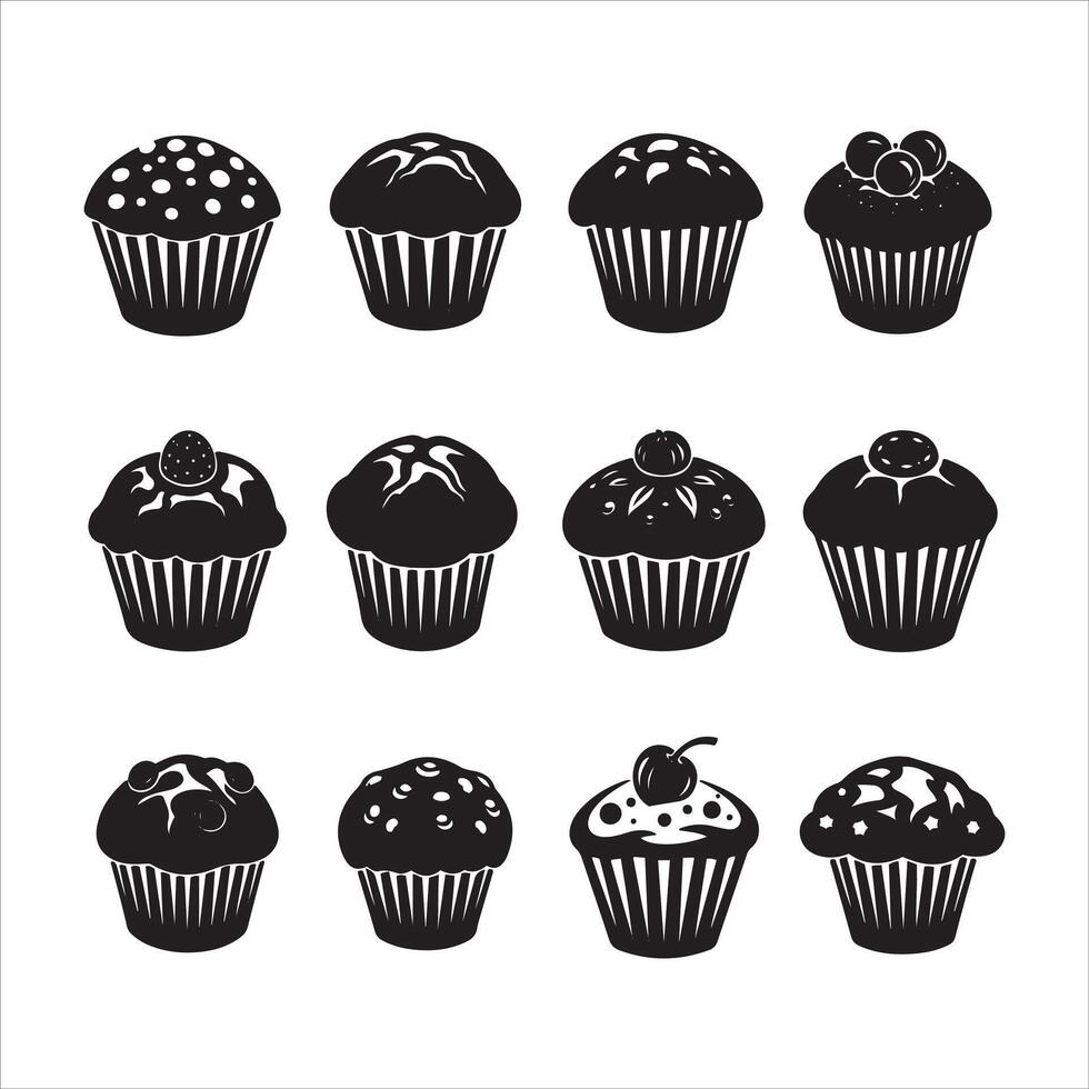 Collection of twelve diverse black and white cupcake designs vector