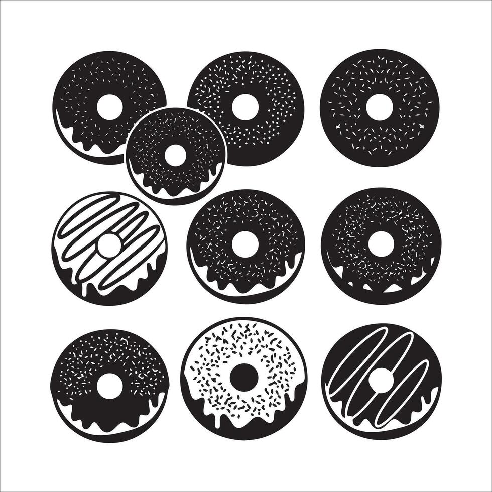 Collection of black and white donuts with sprinkles and glaze vector