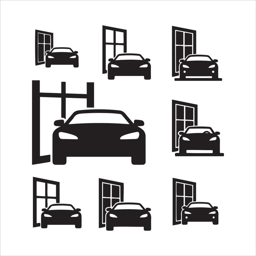 Collection of black car icons entering and exiting doorways and garages vector