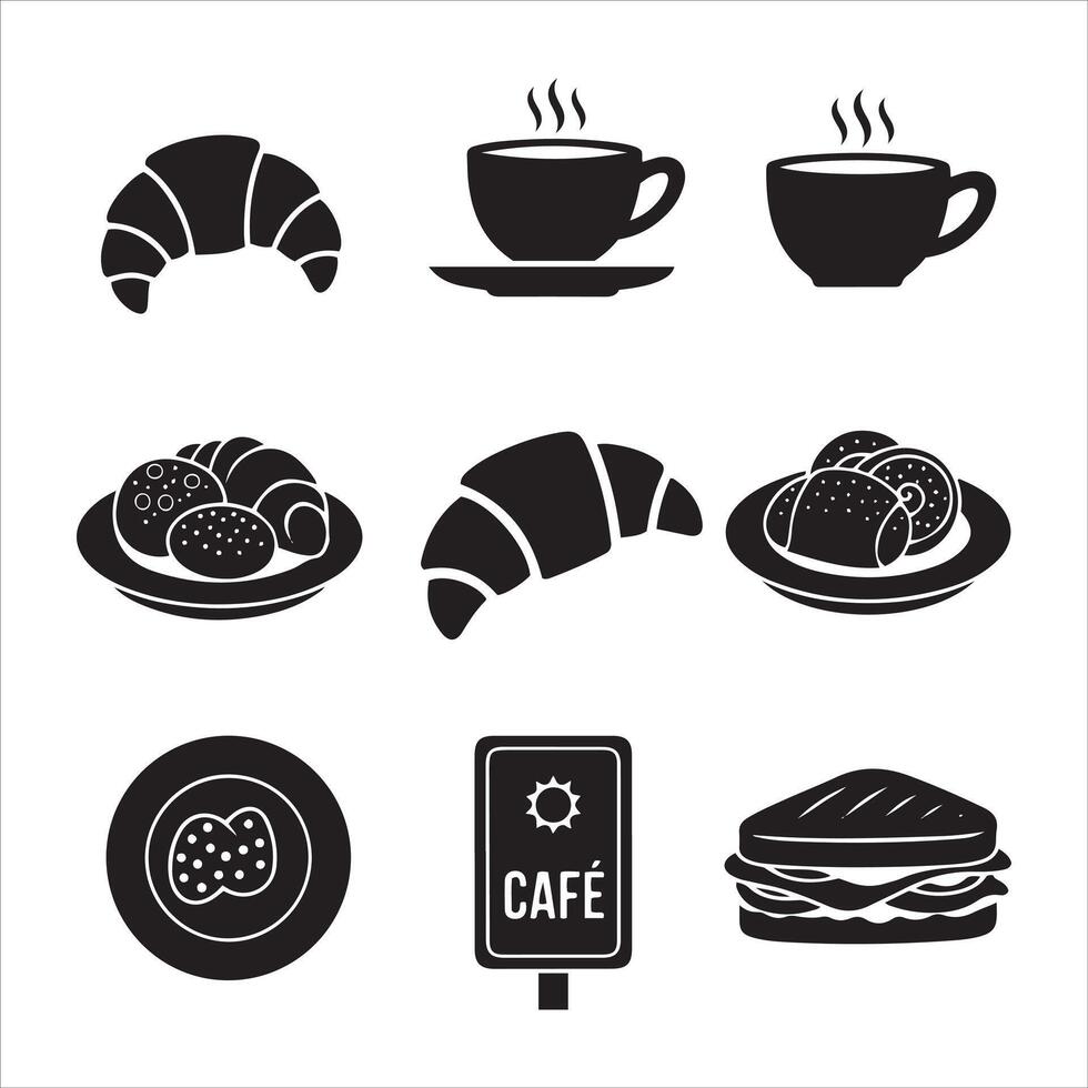 Collection of black and white icons representing breakfast and cafe items vector
