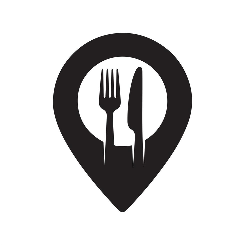 Restaurant location pin with fork and knife silhouette vector