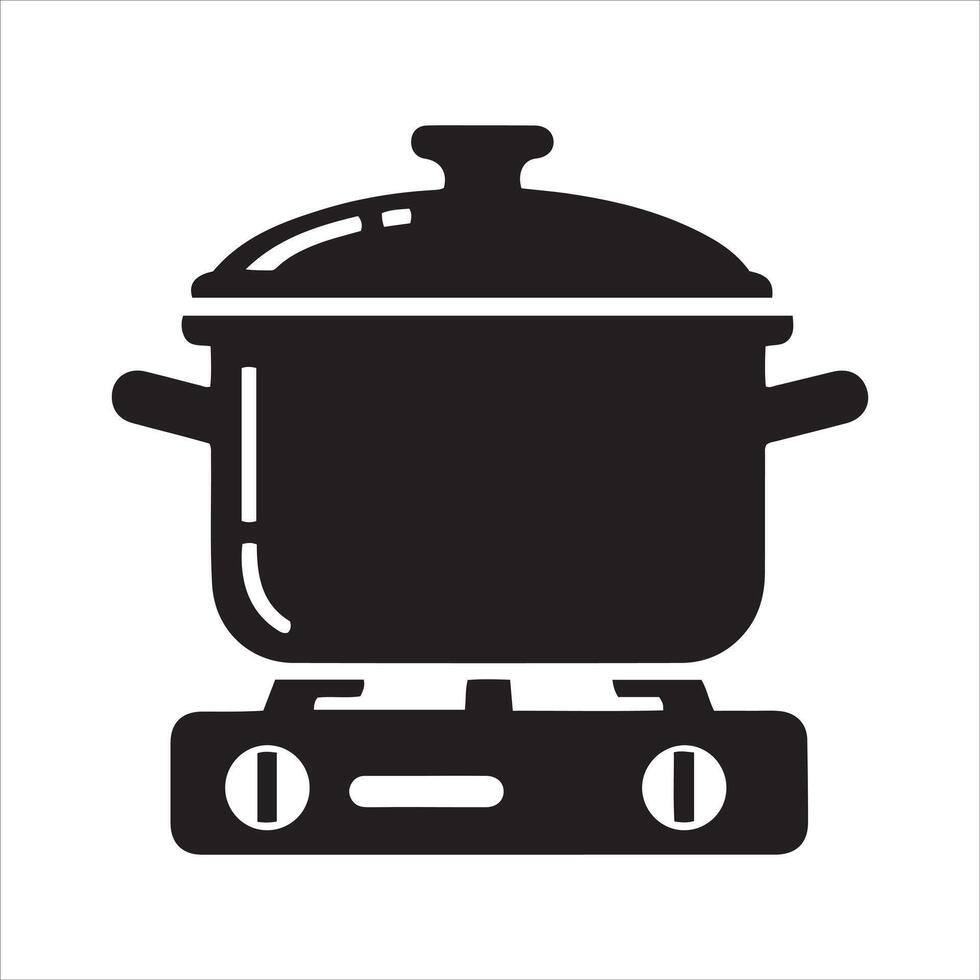 Black cooking pot with lid on a stove top with burners vector