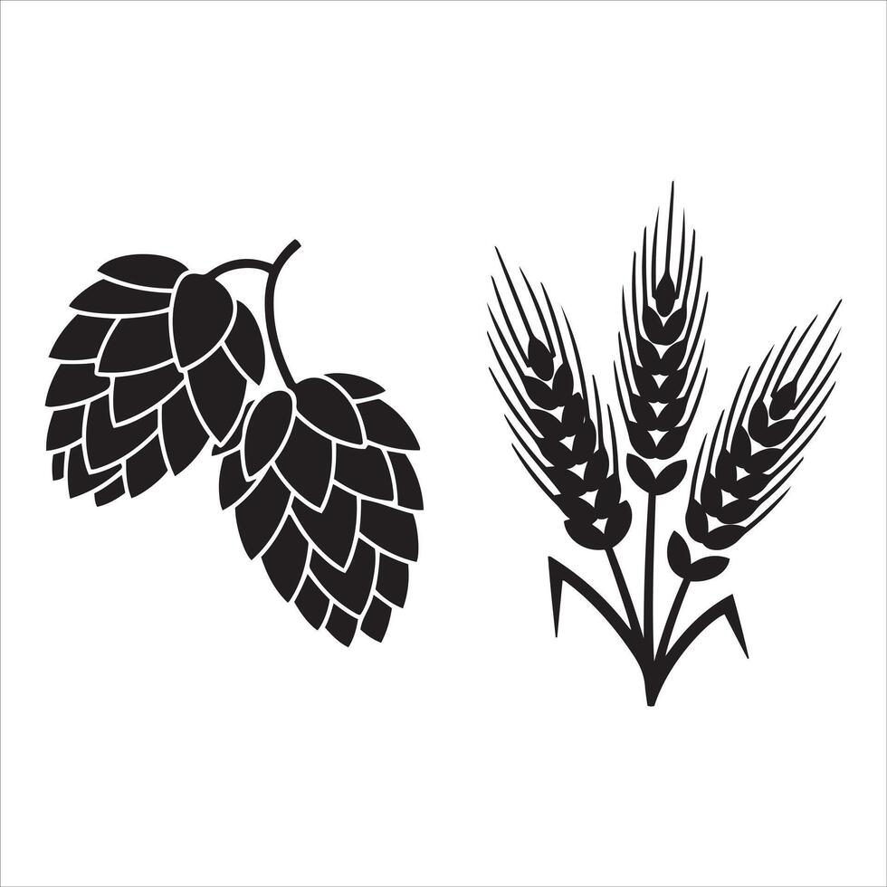 Stylized black silhouettes of hops and wheat for brewing ingredients vector