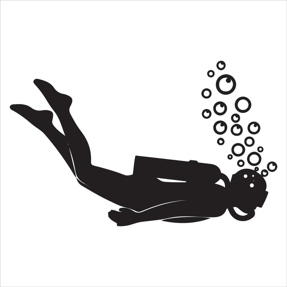 Silhouette of a diver ascending with bubbles in clear water vector