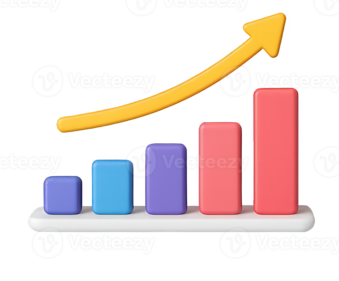 Glowing 3d bar graph climbing with vivid arrow, symbolizing financial advancement, business momentum, and strategic success trajectory png
