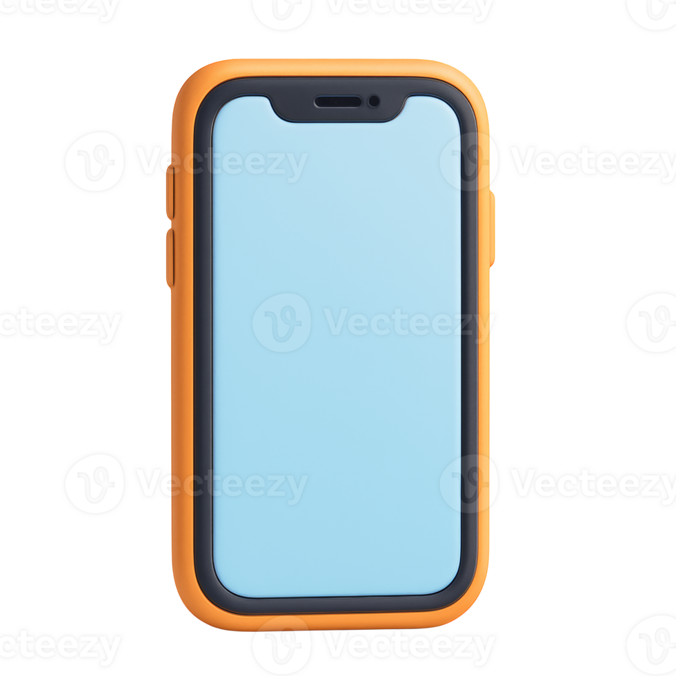 Orange smartphone with minimalist blank screen showing soft blue display, representing contemporary mobile technology and digital communication design png