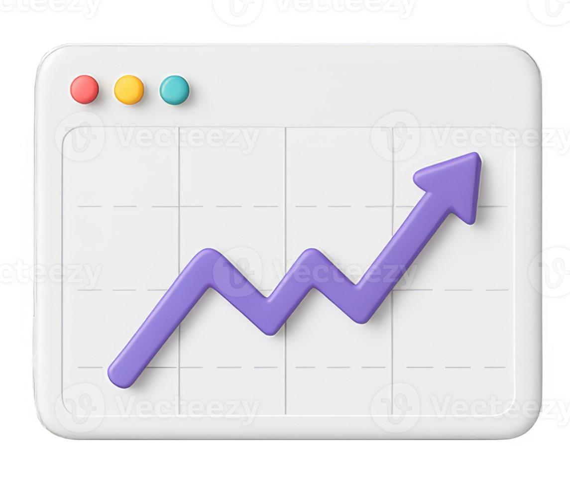 Purple upward-pointing arrow rising on white statistics chart, colorful buttons highlighting positive business growth and analytical success metrics png