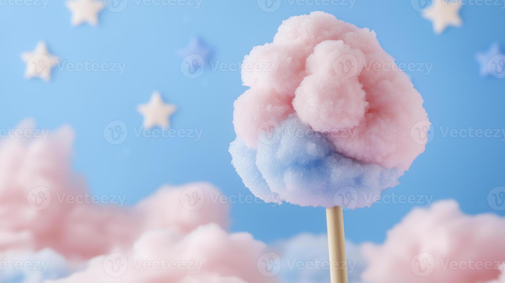 A cotton candy on a stick with pink and blue clouds photo