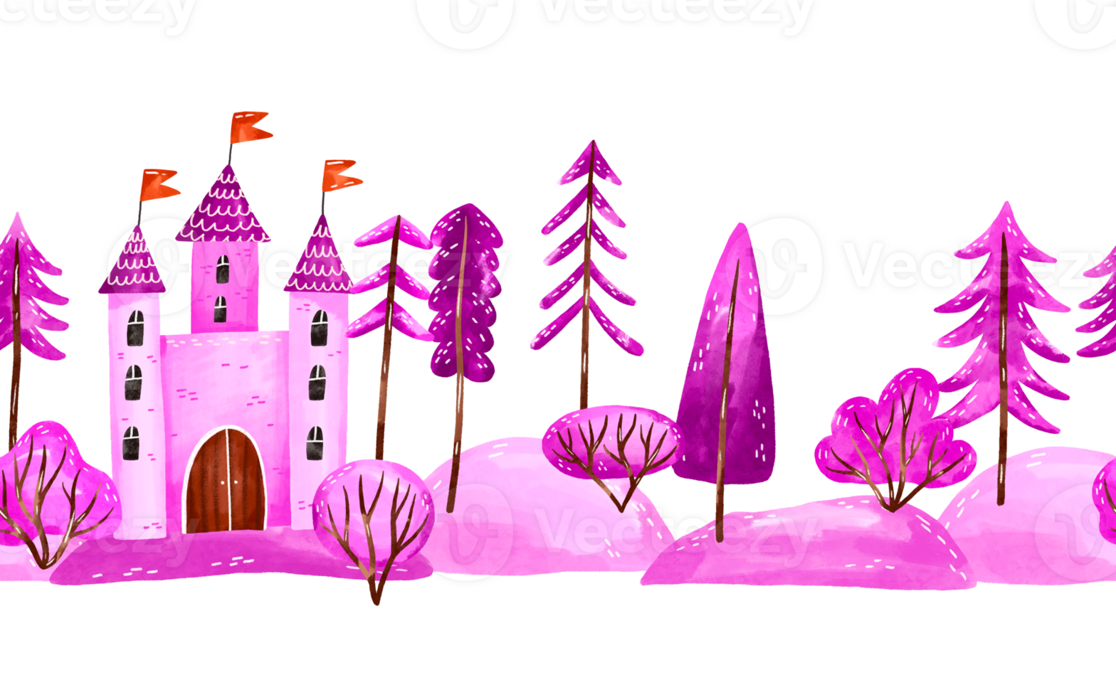 Baby border seamless pattern for baby birthday, baby shower.. Fairy castle in magic forest landscape. Poster for girl nursery. Poster. Pink watercolor background png