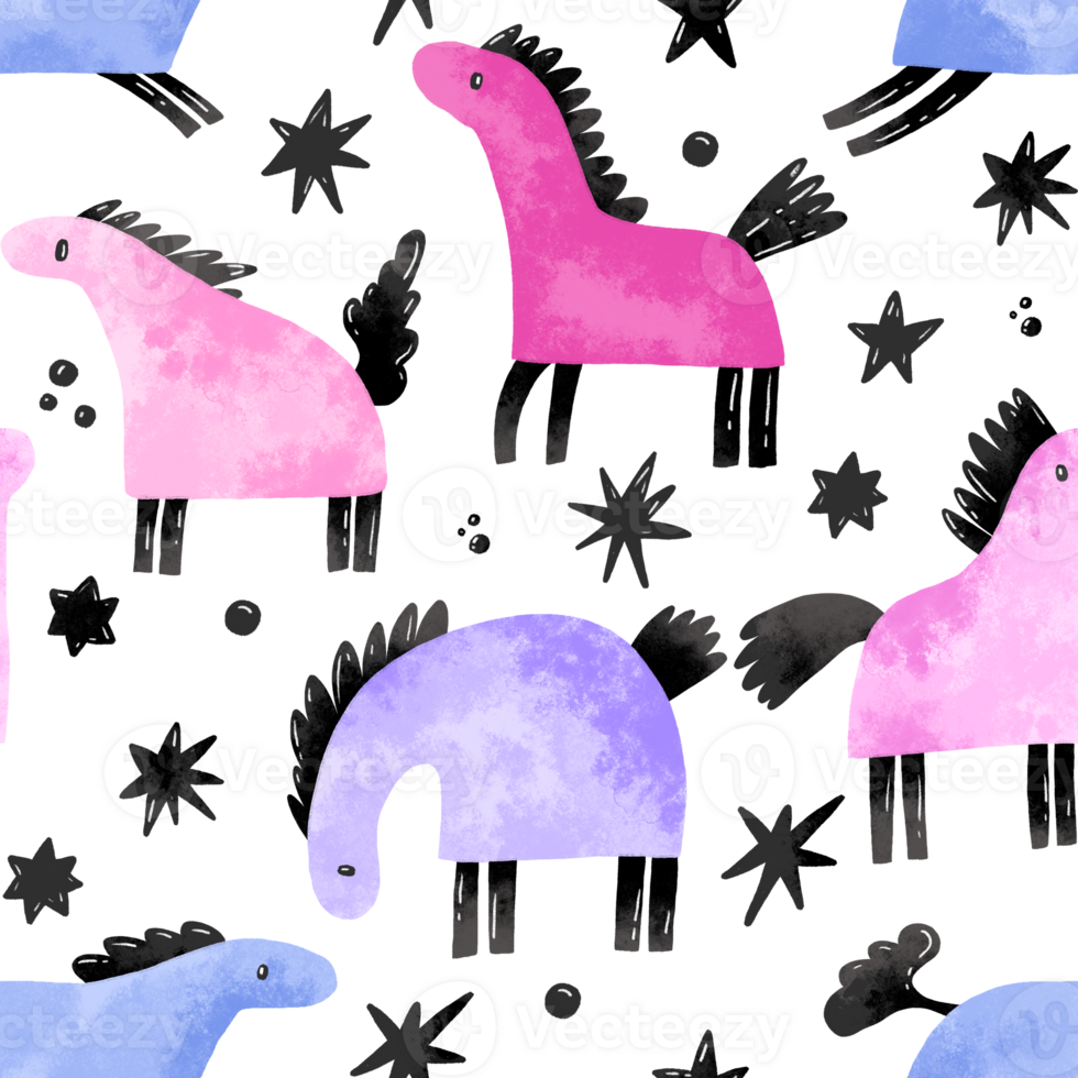 Seamless pattern of cartoon magic horses, stars on isolated background. png