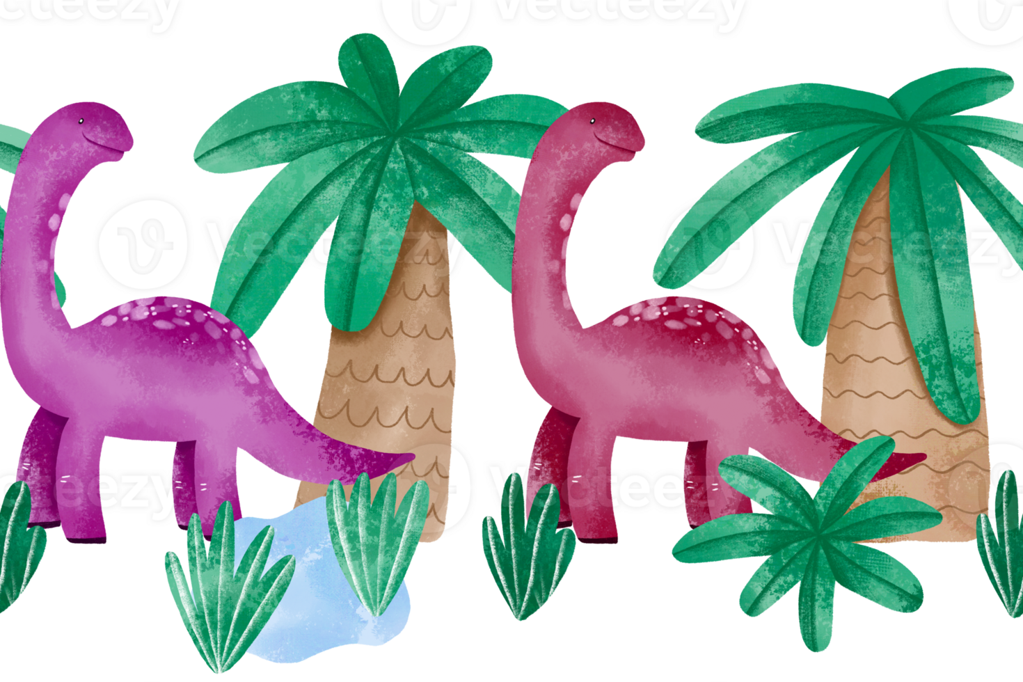 Border seamless pattern with pink dinosaurs and tropical jungle palms, lake, bushes. Hand drawn watercolor baclground png