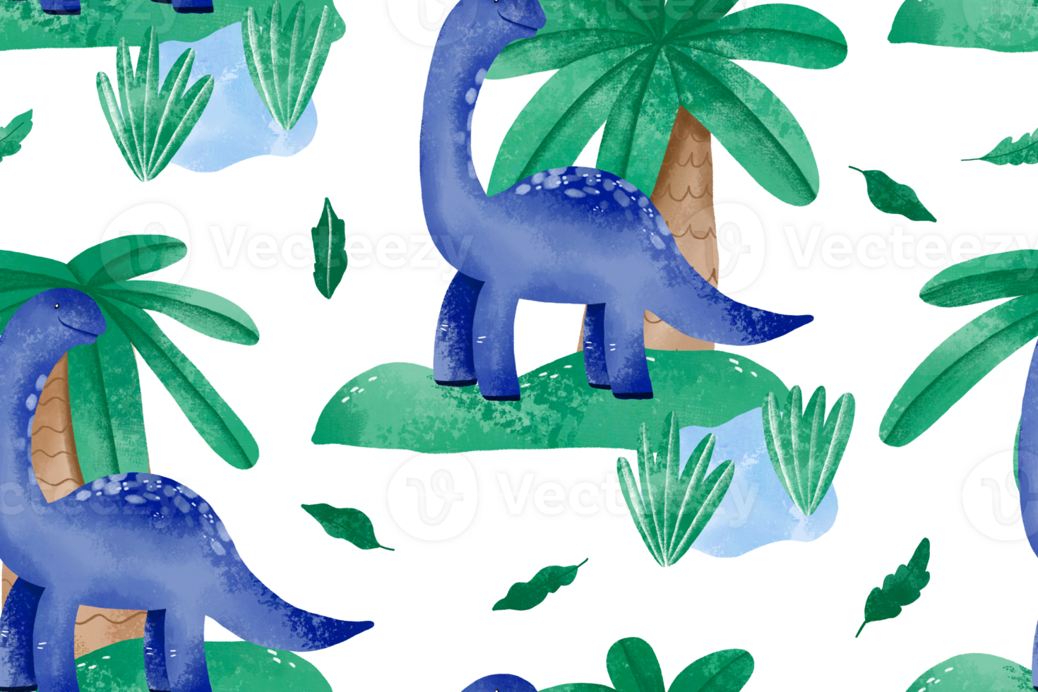 Seamless pattern with blue dinosaurs and tropical jungle palms, lake, bushes. Hand drawn watercolor background. Baby boy pattern png