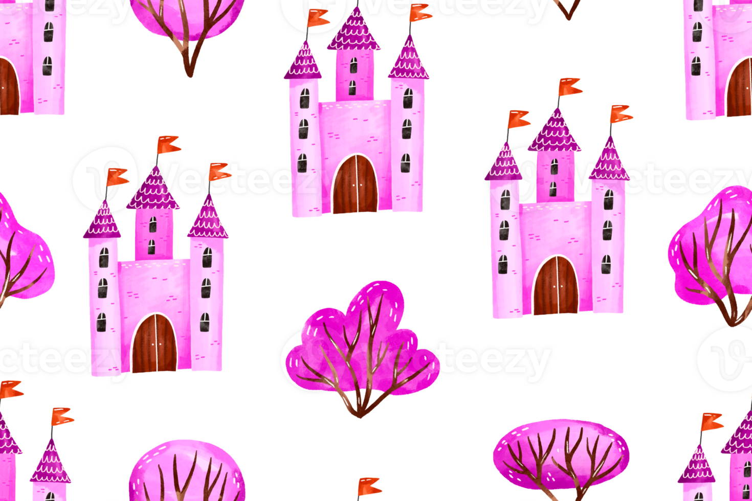 Dream pink fantasy old castle seamless pattern. Mystery forest. Endless background with princess castle on isolated background png