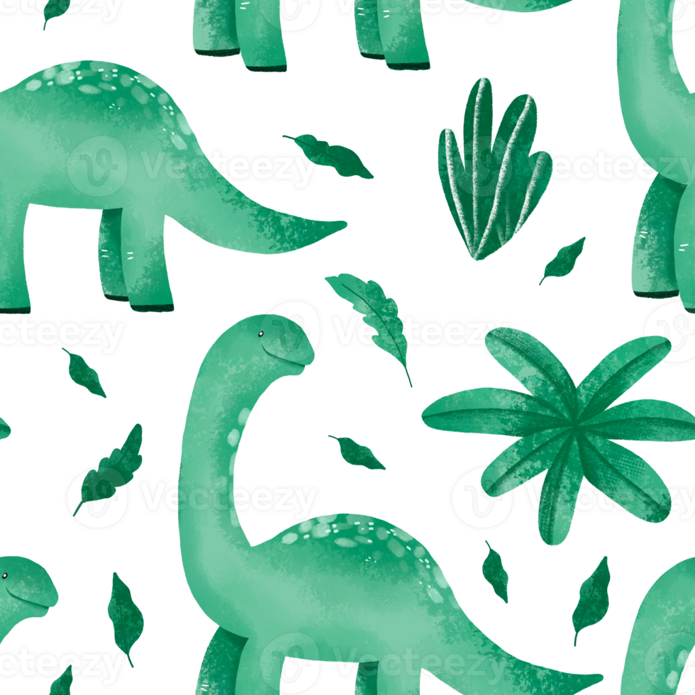 Green dinosaur seamless pattern and jungle. Tropical watercolor background png