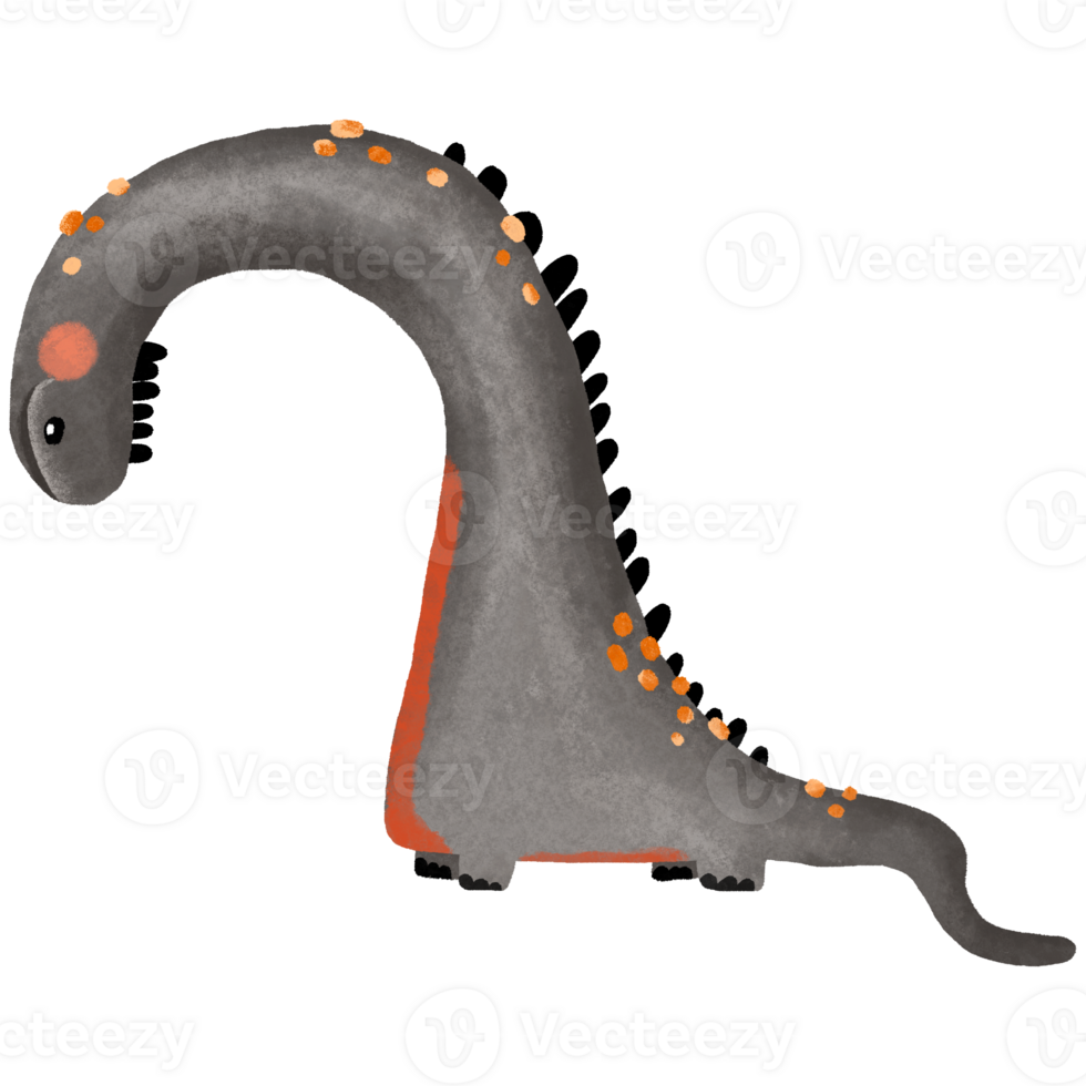Funny baby dinosaur with long neck. Black dino. Cartoon monochrome dino on isolated background png