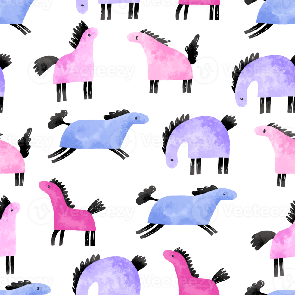 Seamless pattern of cartoon magic horses on isolated background. png