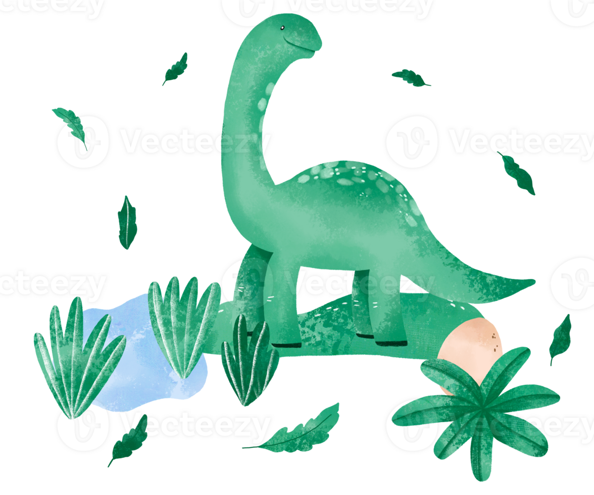 Jurrasic period poster with green dinosaur and jungle. Watercolor png