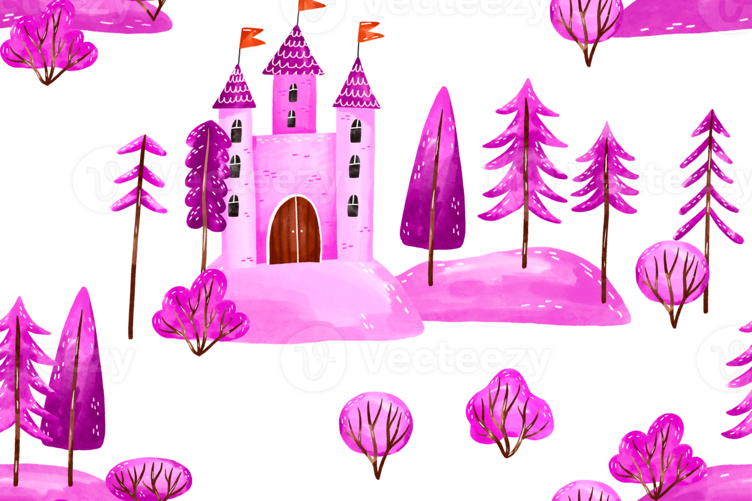 Fairy castle in magic forest seamless pattern. Pink watercolor background png