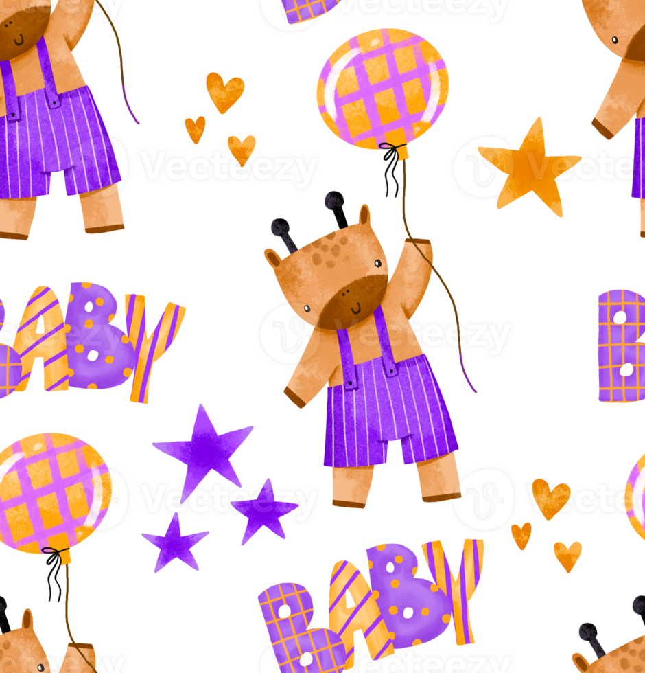 Seamless pattern with giraffe on air balloon . Endless background for newborn, baby birth png