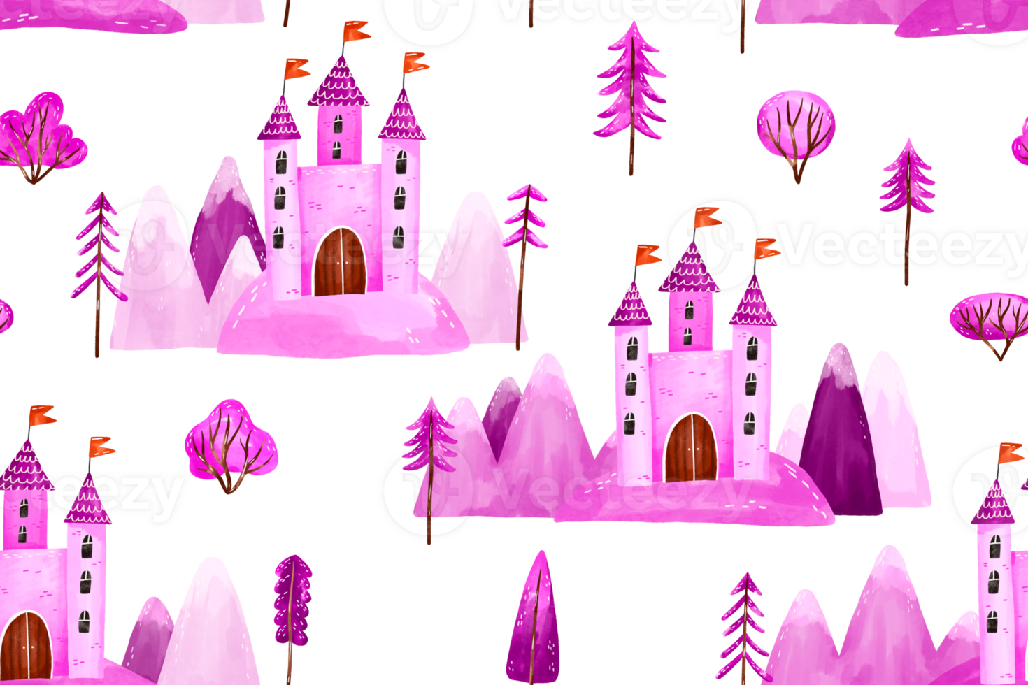 Dream pink fantasy old castle seamless pattern. Endless background with princess castle on isolated background png
