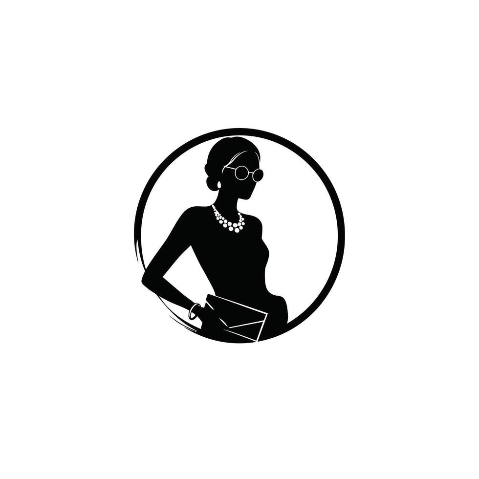 Black and white logo design of a woman inside a circle vector