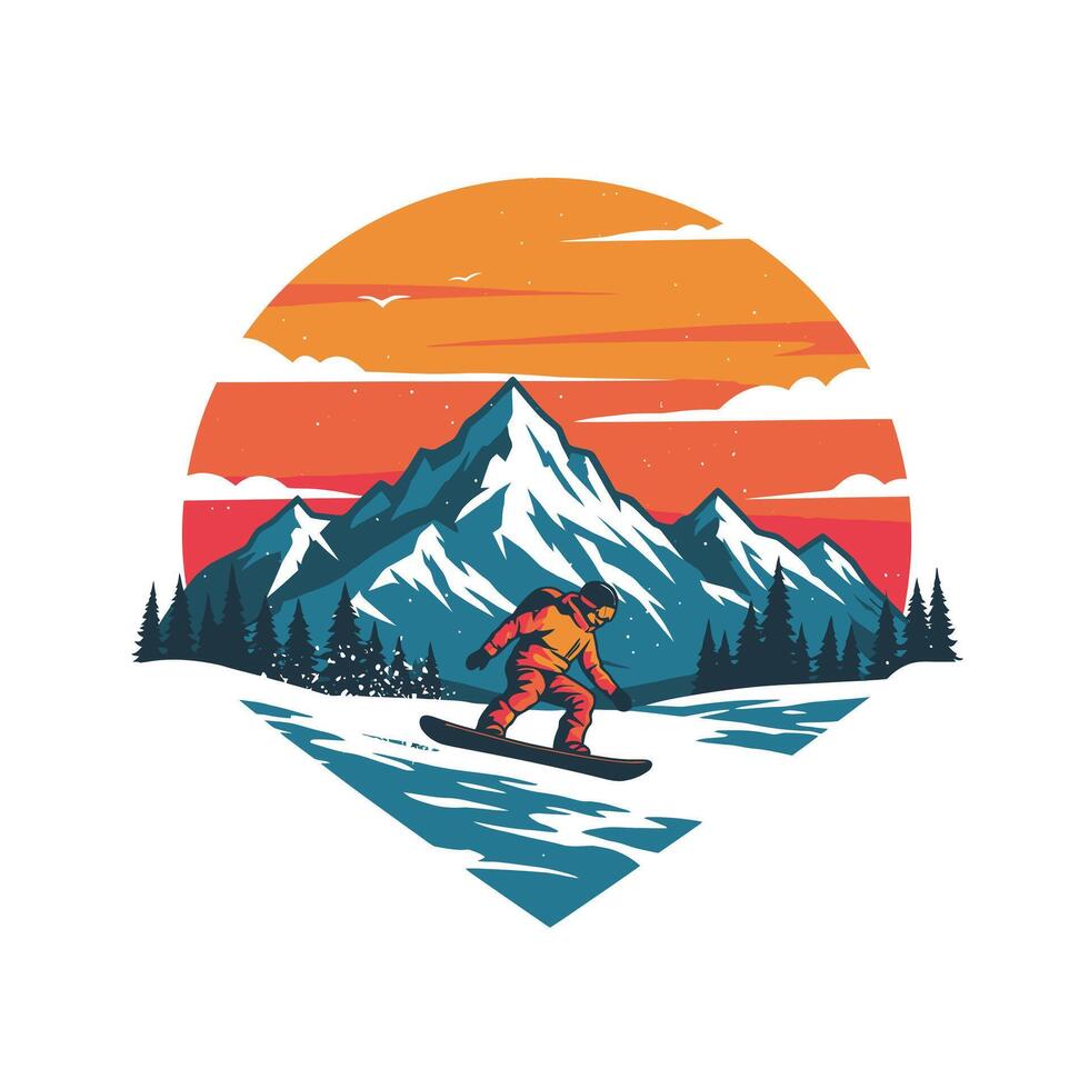 Logo design of a snowboarder riding down a mountain at sunset vector