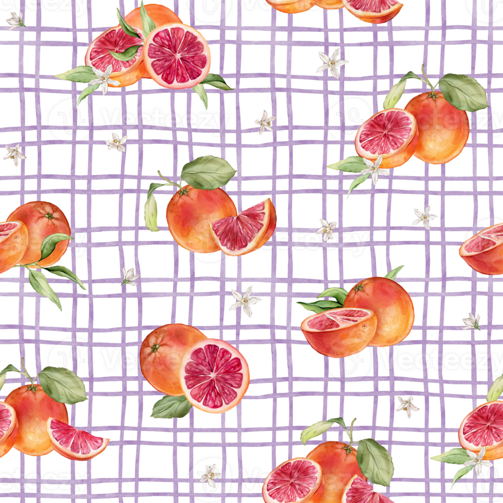 Seamless pattern with watercolor illustration of grapefruit with white flowers on isolated checkered background. Hand painted print with grapefruit branche with green leaves. Citrus fruits for textile png