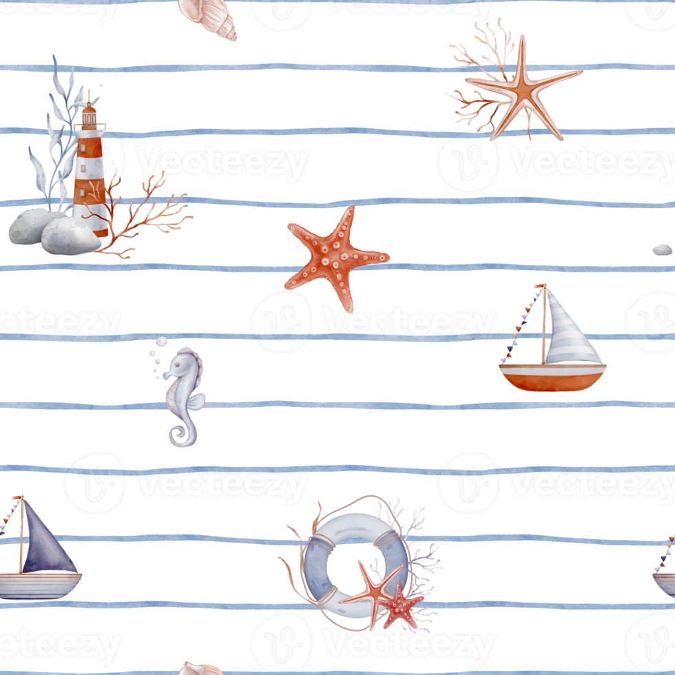 Watercolor seamless Pattern with Undersea Stars and lighthouse and sailboat on striped background. Nautical background with childish Sea Horse for baby textile or nursery wallpaper in pastel color png