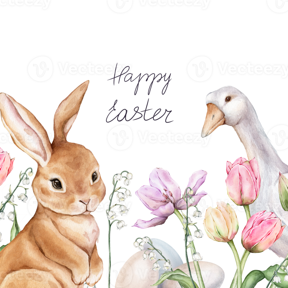 Happy Easter card with watercolor cute rabbits or bunny and tulips, paint eggs, spring flowers in pastel colors. Easter watercolor posters with tulips and lilies of the valley and goose, greeting card png