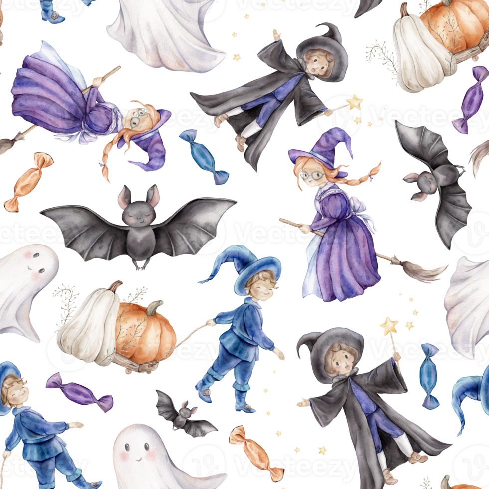 Seamless pattern Trick or treat for Halloween. Repeat background with wizard, fairy or witch on a broomstick, ghost and pumpkin. Hand drawn fantasy illustrations for kid's for repeat print design png