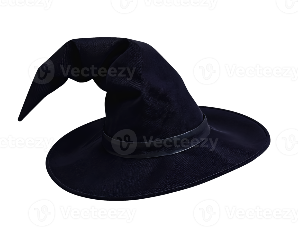 Classic pointed black witch hat with curved tip and wide brim isolated on transparent background png