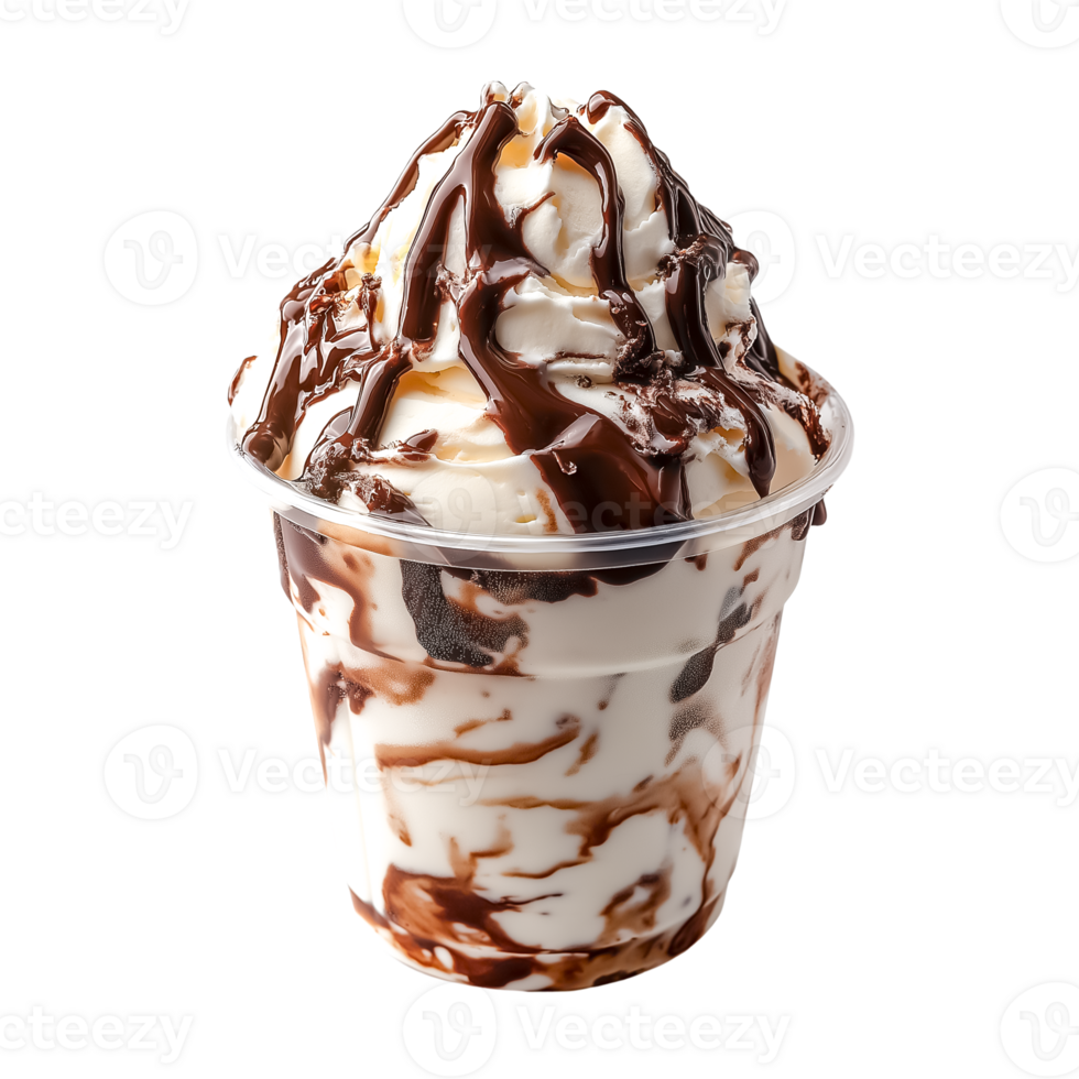 Vanilla soft serve ice cream in plastic cup with rich chocolate syrup swirl isolated on transparent background png