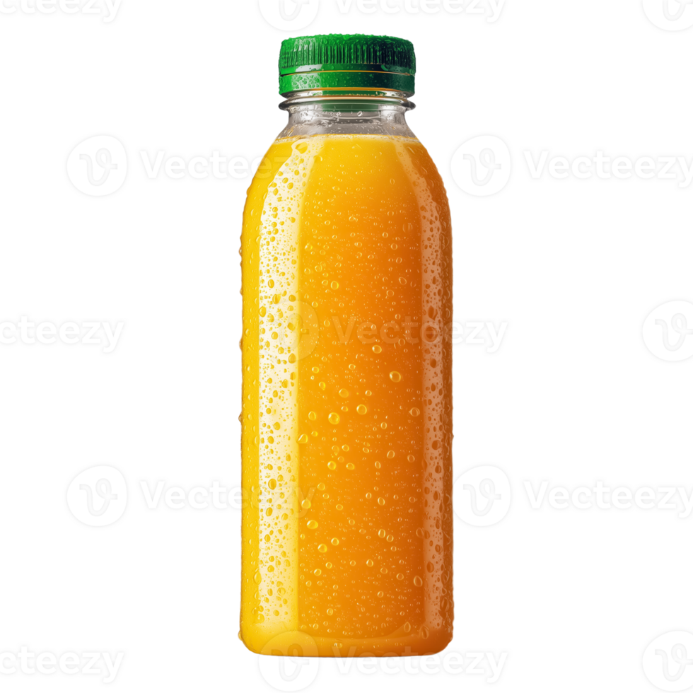 Cold orange juice in plastic bottle with green cap isolated on transparent background png