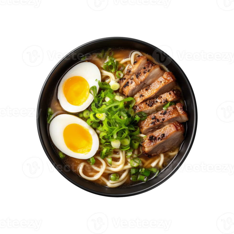 Japanese ramen bowl with chashu pork and soft-boiled eggs isolated on transparent background png
