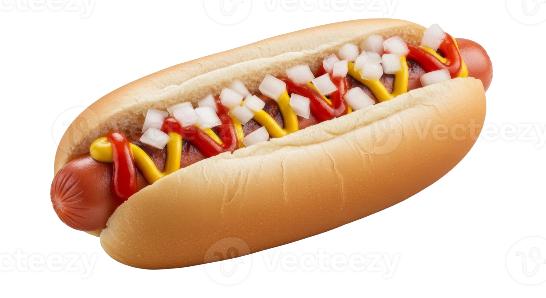 Classic hot dog with ketchup, mustard and chopped onions on transparent background png