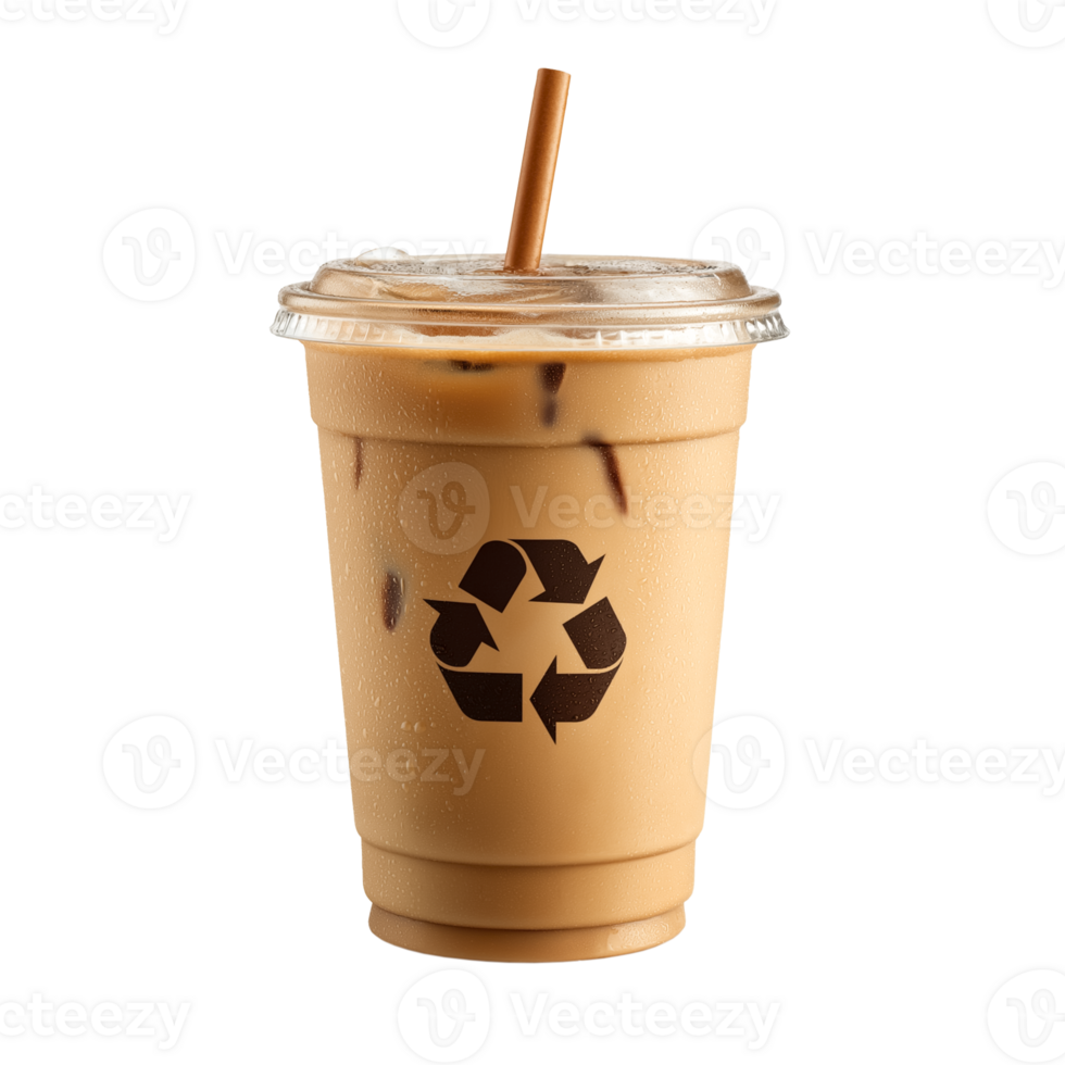 Iced coffee drink in recyclable plastic cup isolated on transparent background png