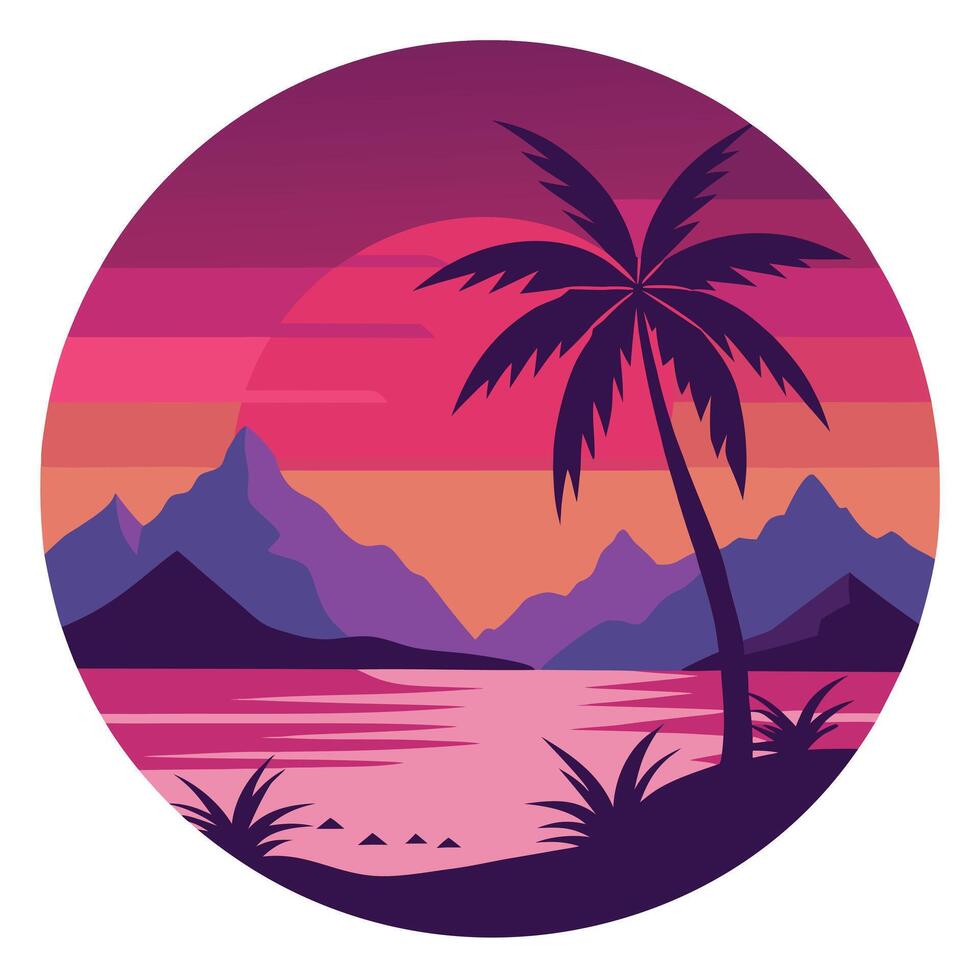 Purple tropical sunset beach with palm tree and mountain background design vector