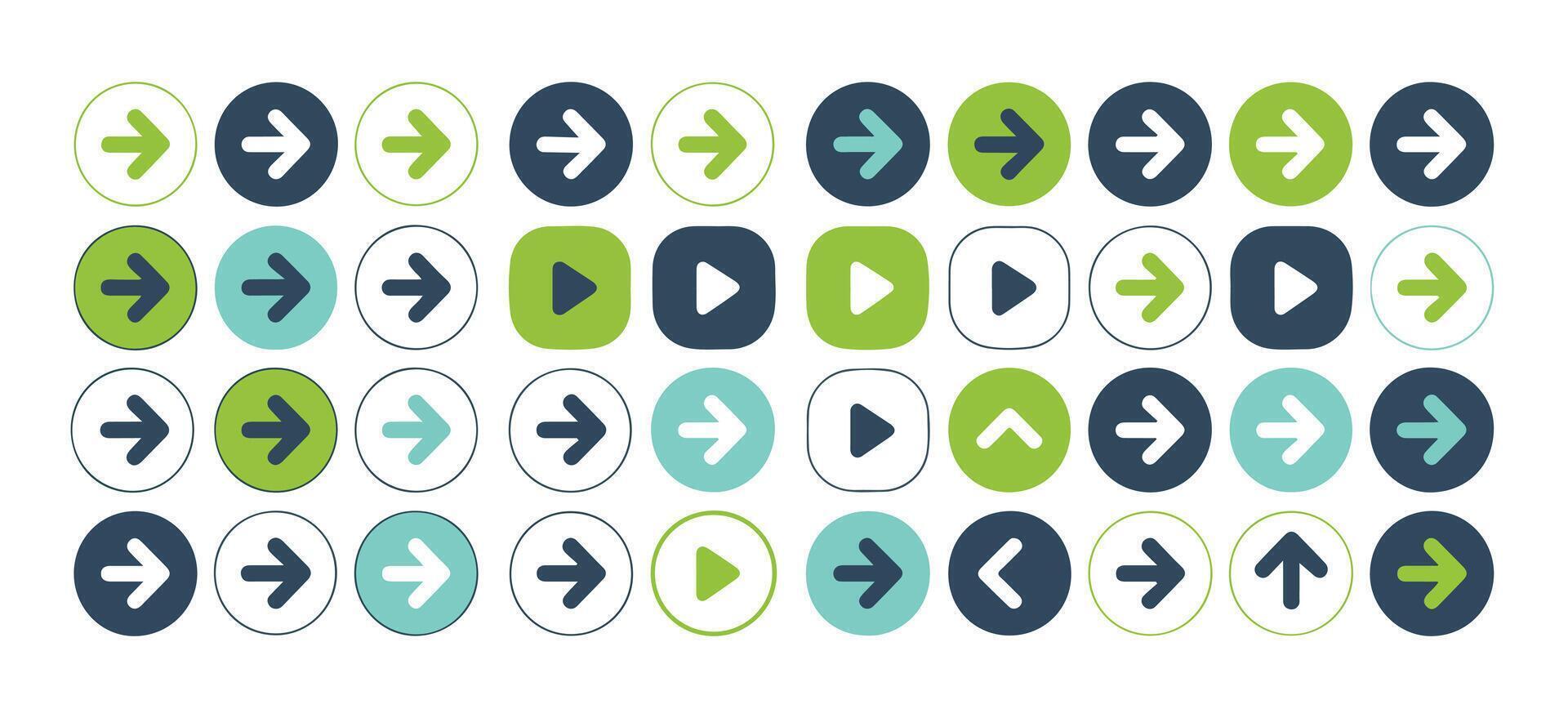 Arrow and play icon set in flat colorful style, directional navigation symbols for web, media, and user interface design. vector