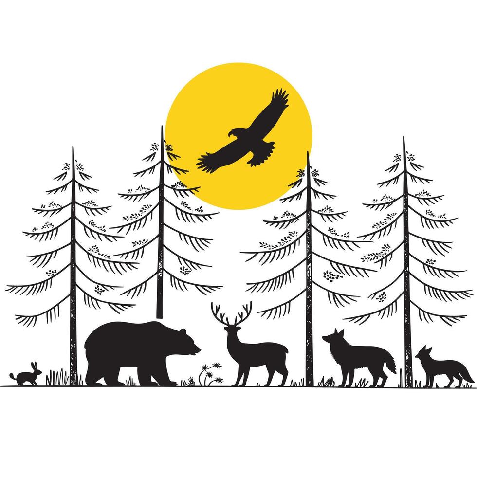 Wildlife Animals with Bear, Deer, and Eagle Silhouette under Yellow Sun, Nature Scene vector