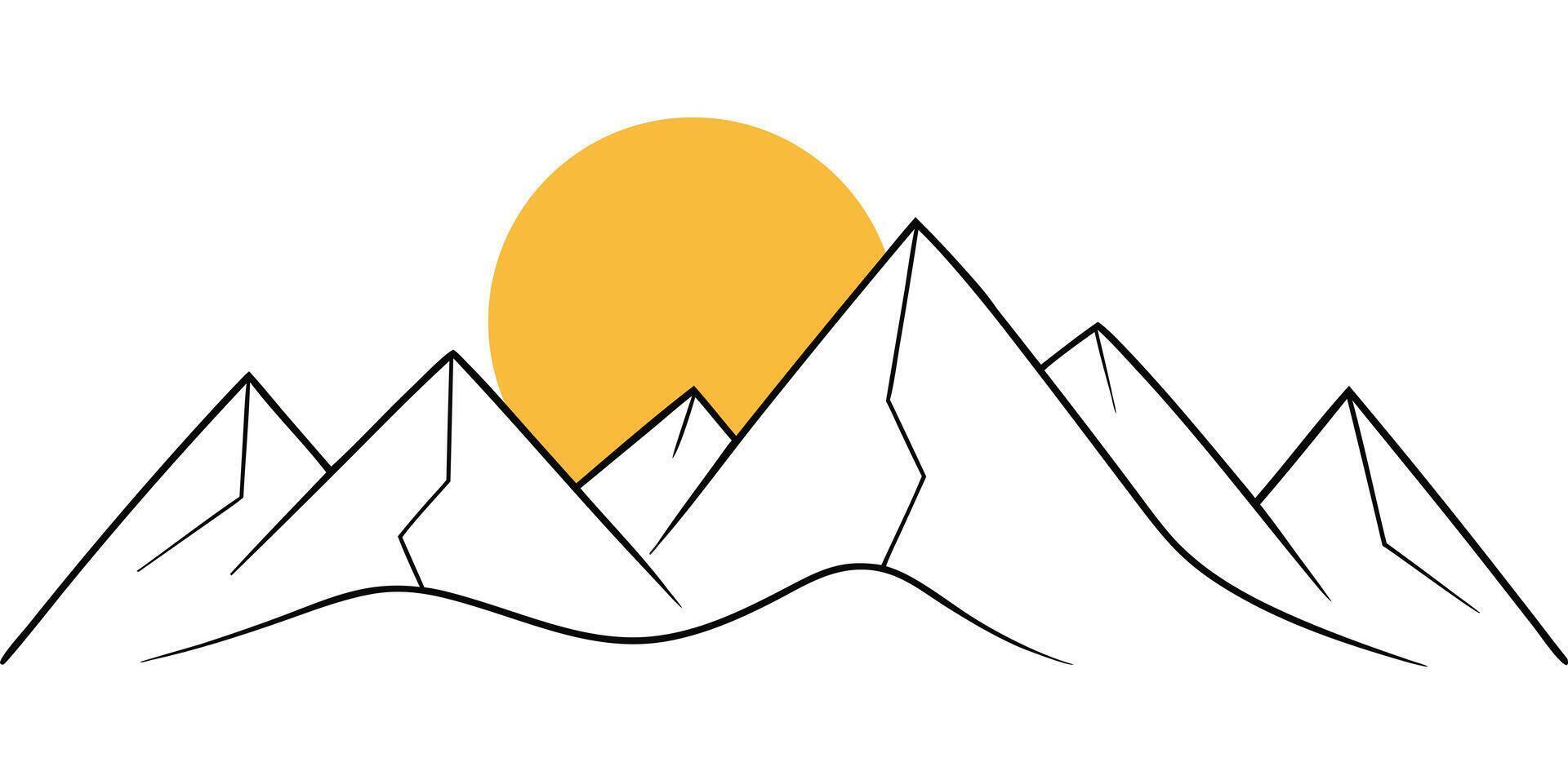 Line drawing mountain scenery with sun minimalist landscape illustration vector