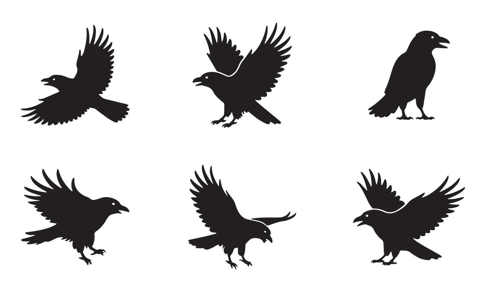 Flying crow silhouette icon set with raven bird poses illustration vector