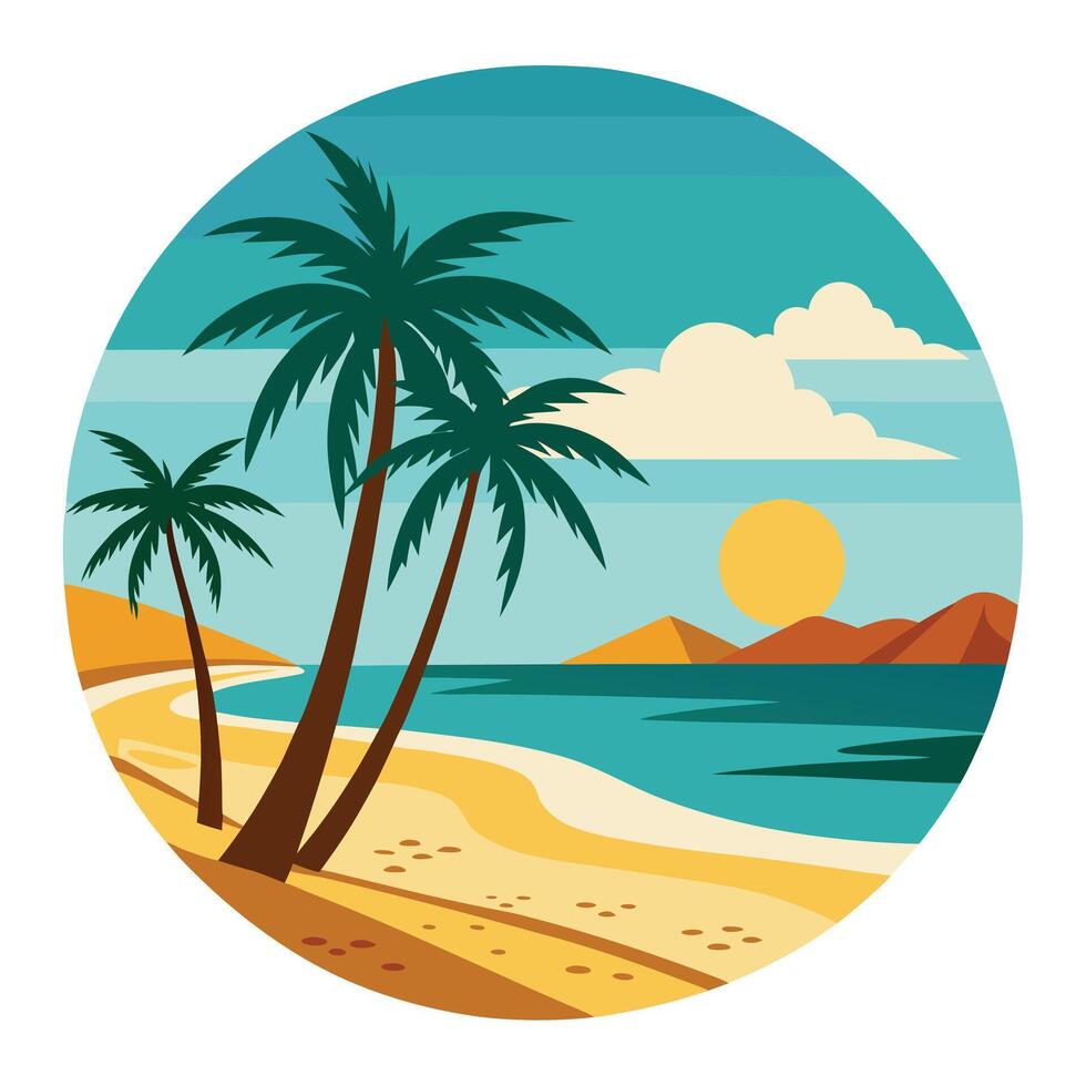 Summer tropical beach with palm tree silhouette and island sunset art vector