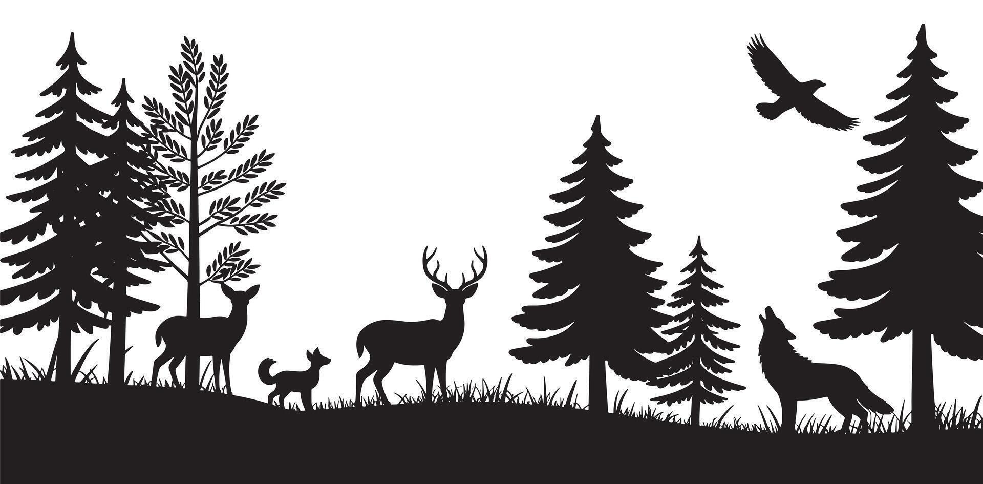 Wildlife Animals in Forest Silhouette with Deer, Wolf, and Bird, Nature and Wilderness Concept vector