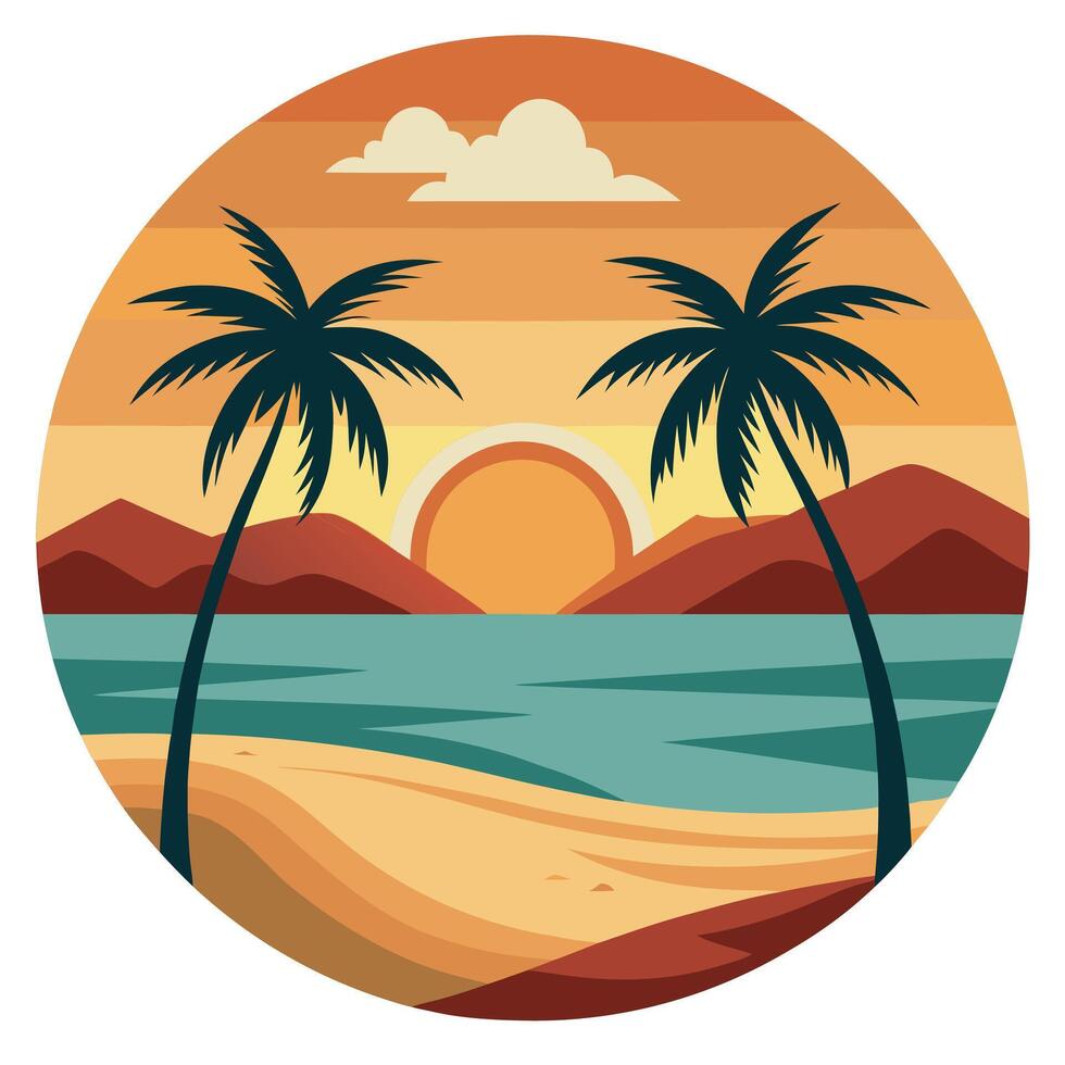 Palm tree tropical beach landscape with ocean and sunset mountains vector