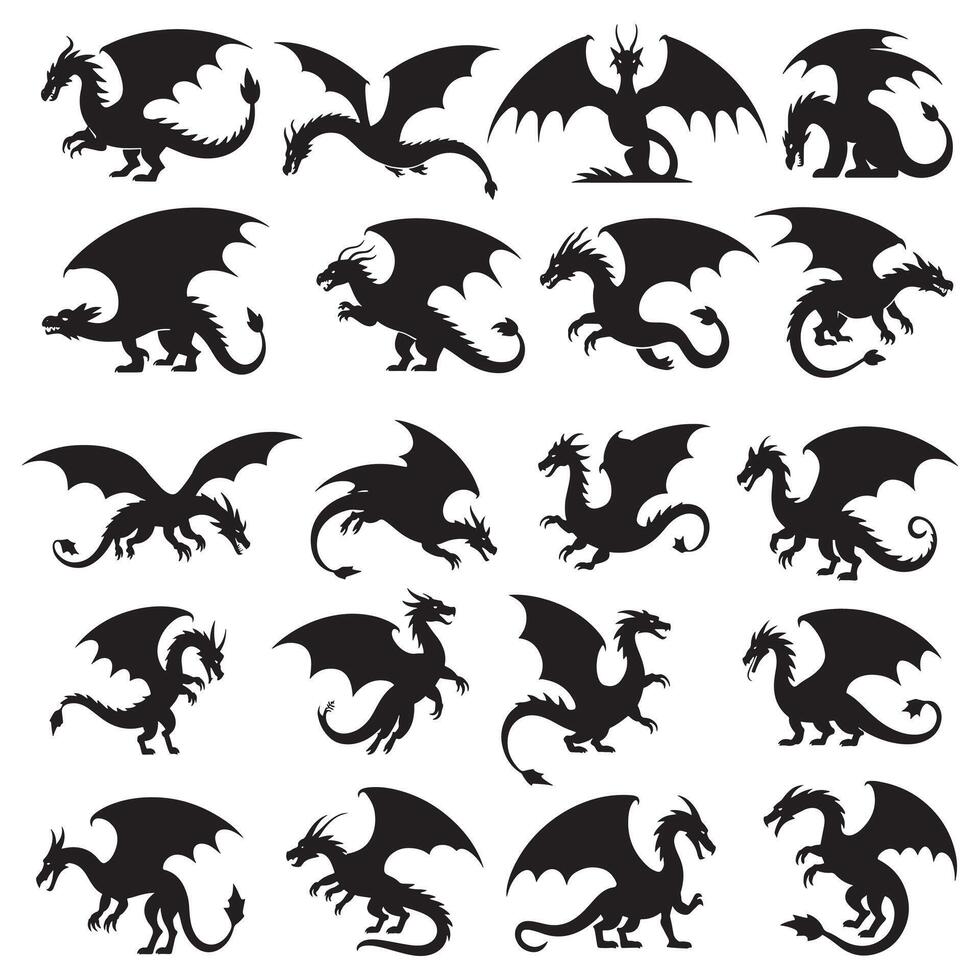 Dragon Silhouettes in Various Poses, Mythical and Fantasy Creatures Collection vector