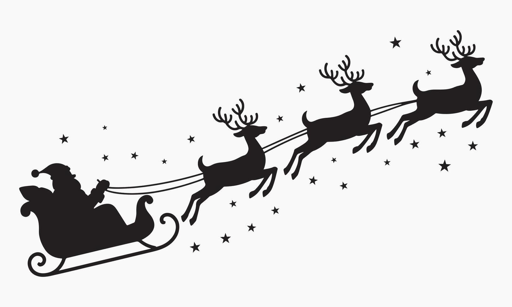 Santa in Sleigh with Reindeer Flying Through Night Sky, Christmas Silhouette vector