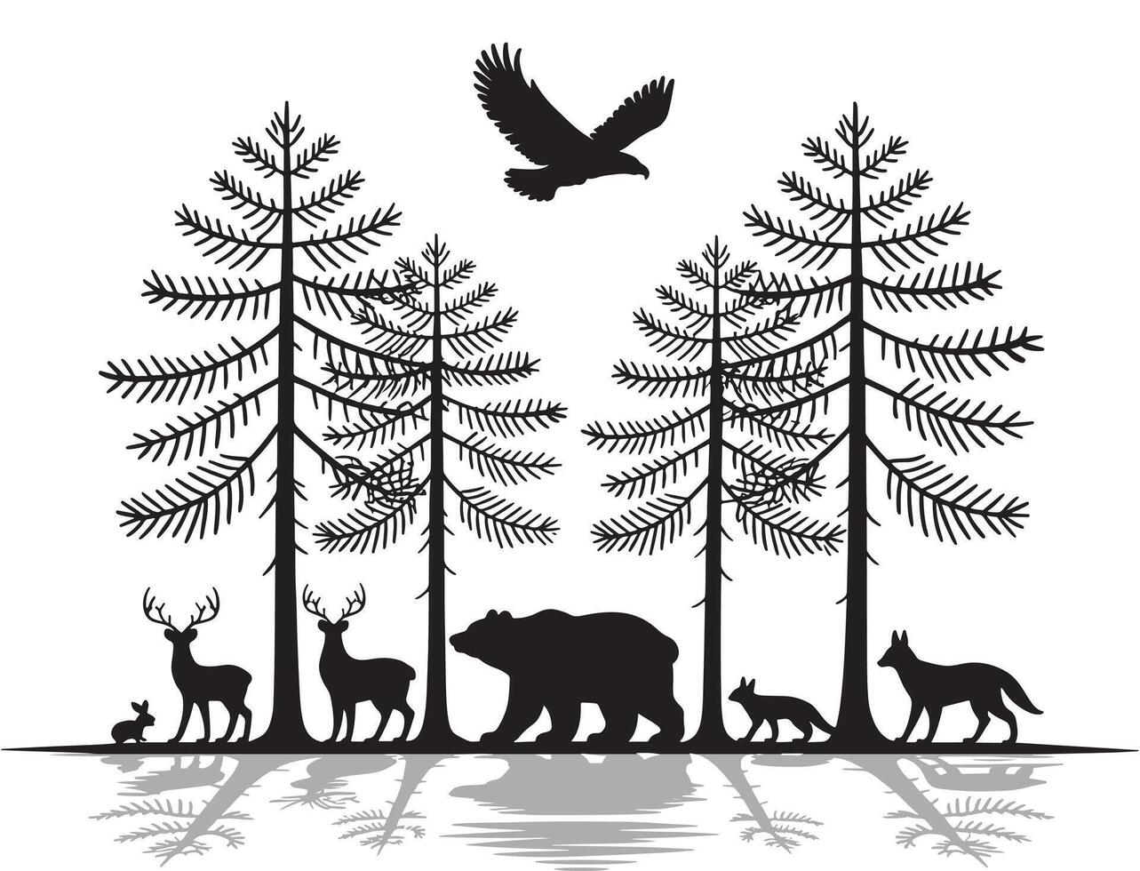 Wildlife Animals with Bear, Deer, Fox, and Eagle Silhouette in Forest with Reflection, Nature Scene vector