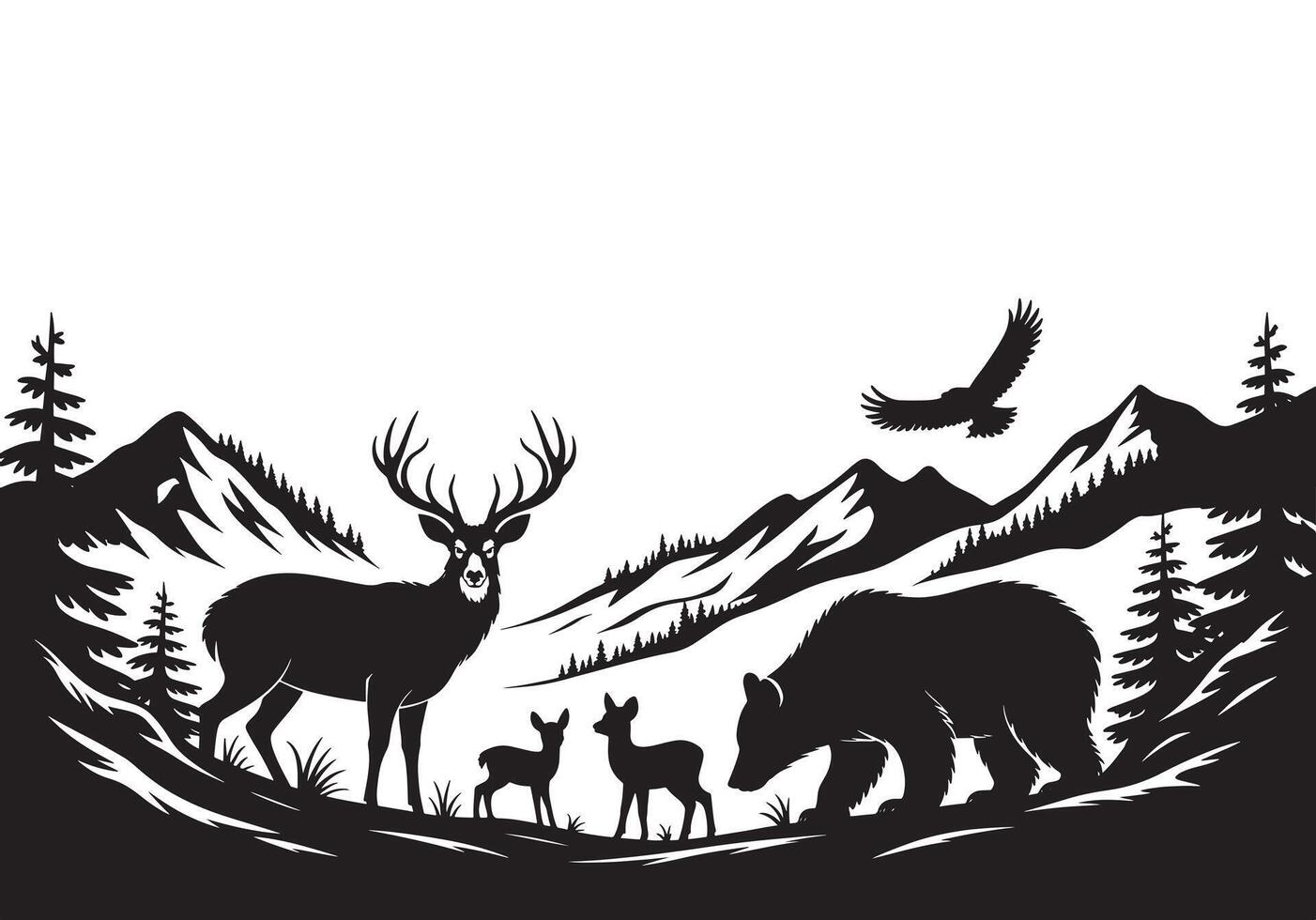 Wildlife in Mountain Landscape with Deer, Bear, Eagle, and Pine Trees, Nature Scene vector