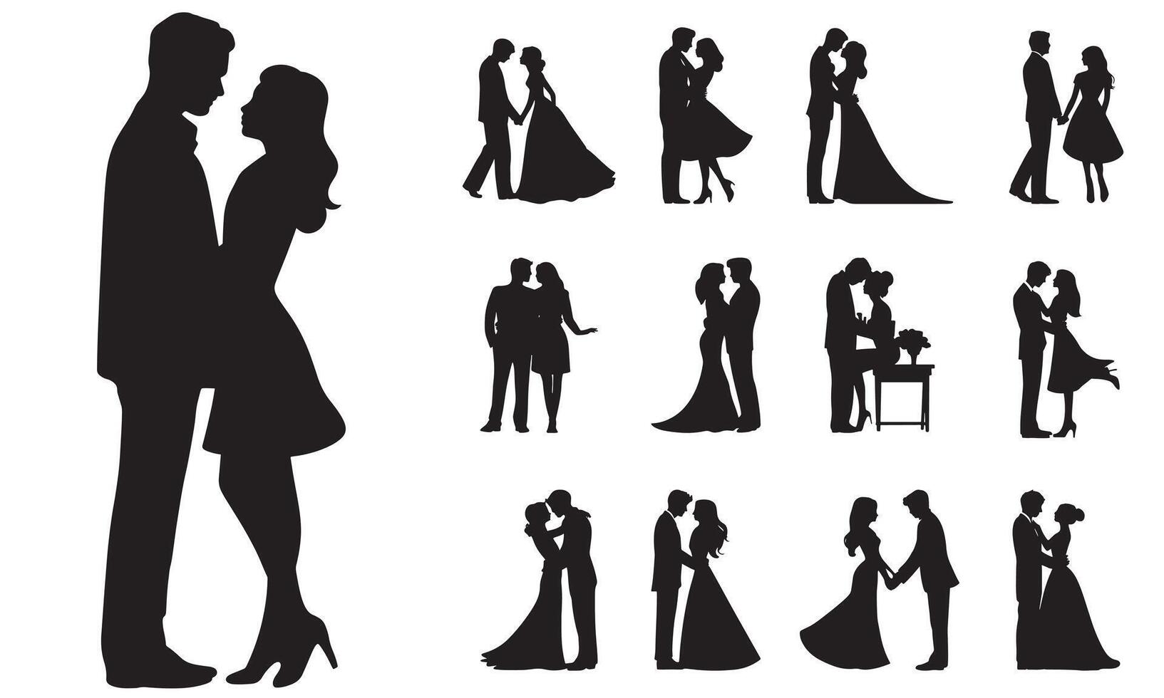 Wedding Couple Silhouettes Romantic Dance, First Kiss, Marriage, Lovers, Bride and Groom Clipart vector