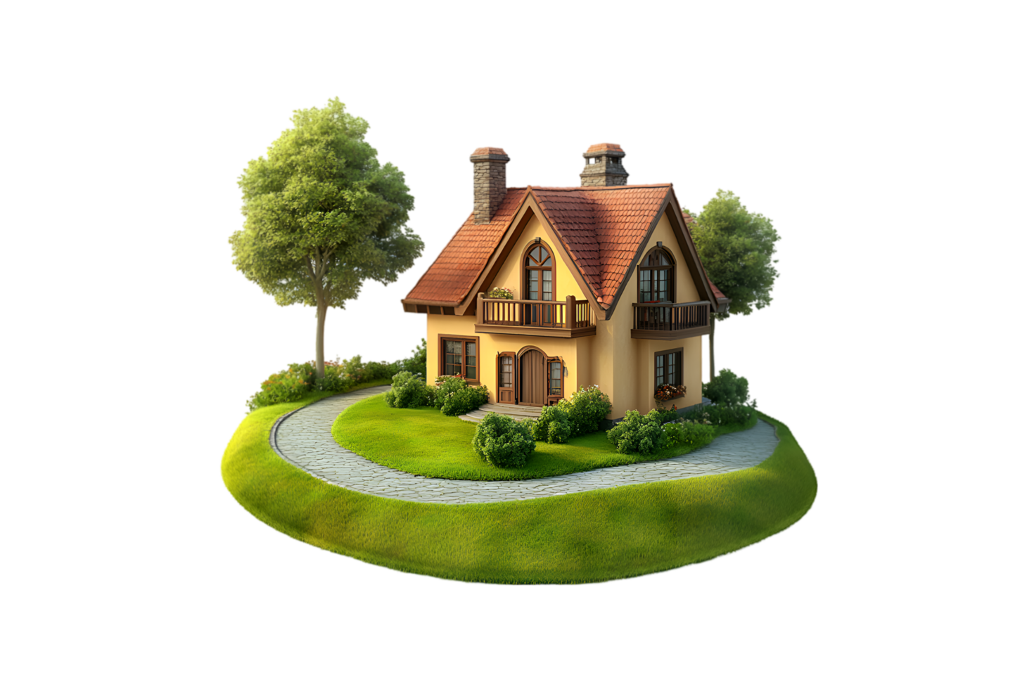Charming Yellow House on Green Hillside Lovely Landscaping Stone Path png